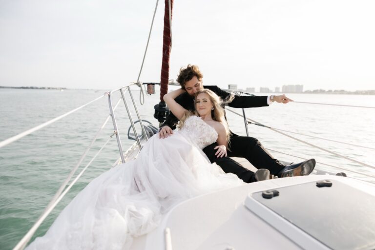 Bride and groom on a sailboat in St. Petersburg