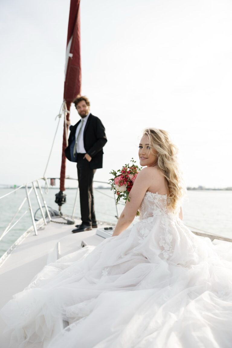 Bride on a sailboat during an intimate Tampa Bay wedding sail